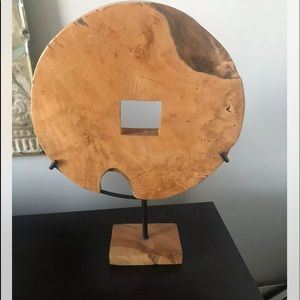 Vintage  statement art Large teak ox cart wooden wheel on metal & wood stand.